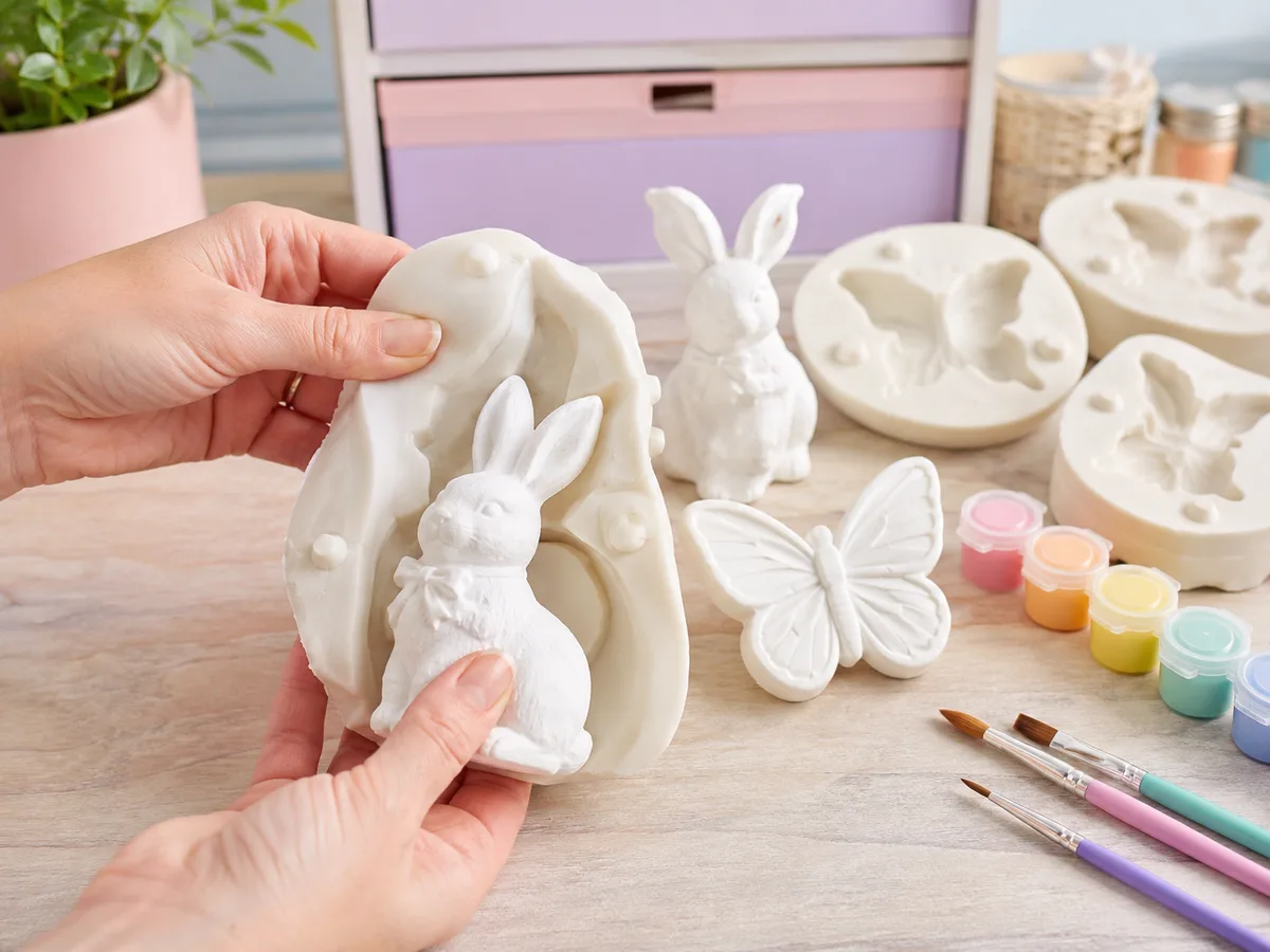 A plaster bunny being removed from a flexible craft mold