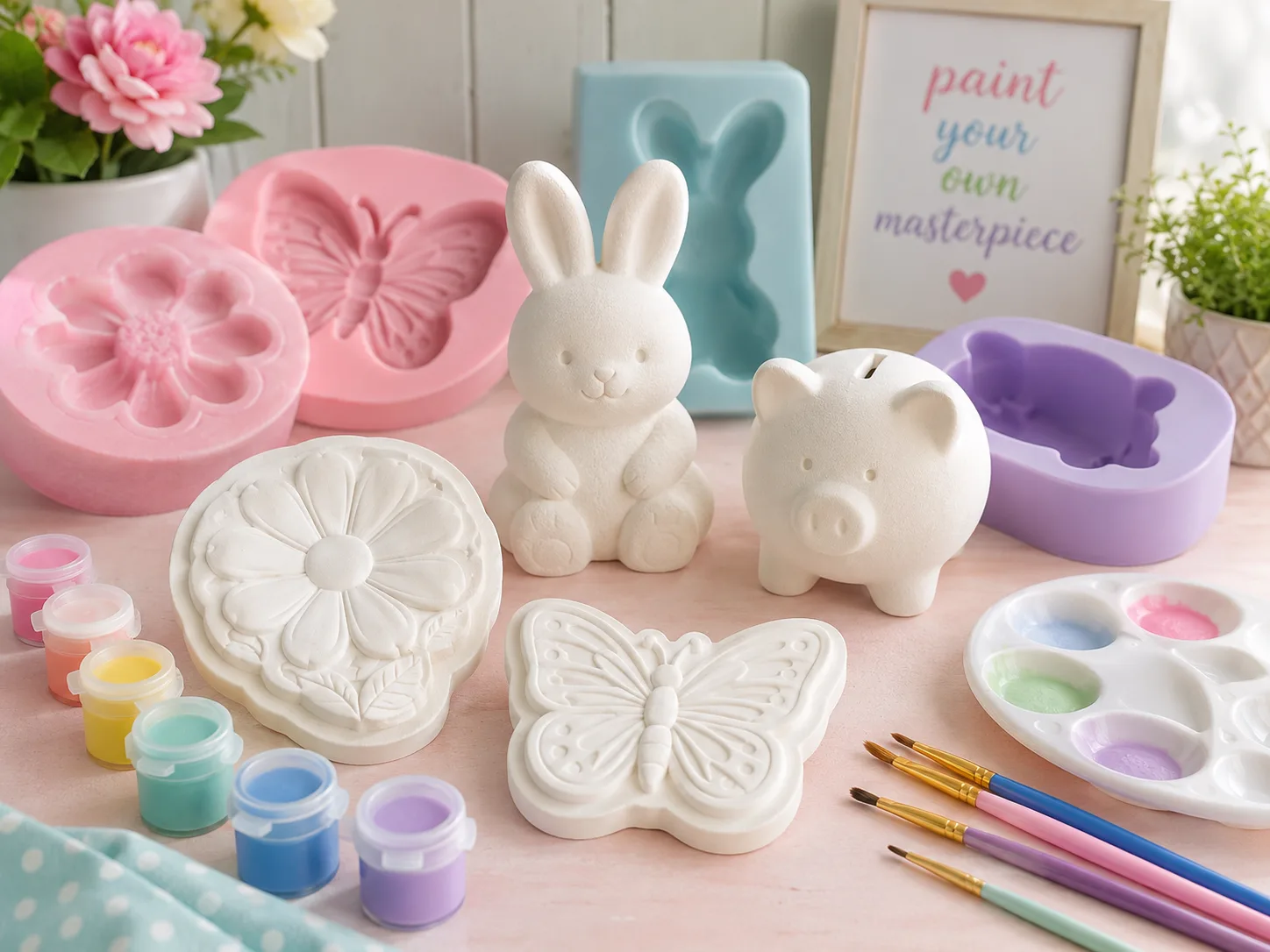 Blank mold-cast plaster crafts with colorful molds, paints, and brushes