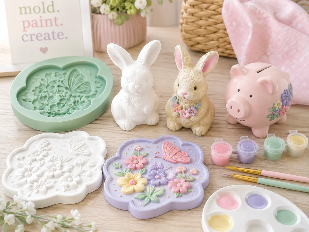 Blank and painted plaster craft samples with a visible mold and paint supplies